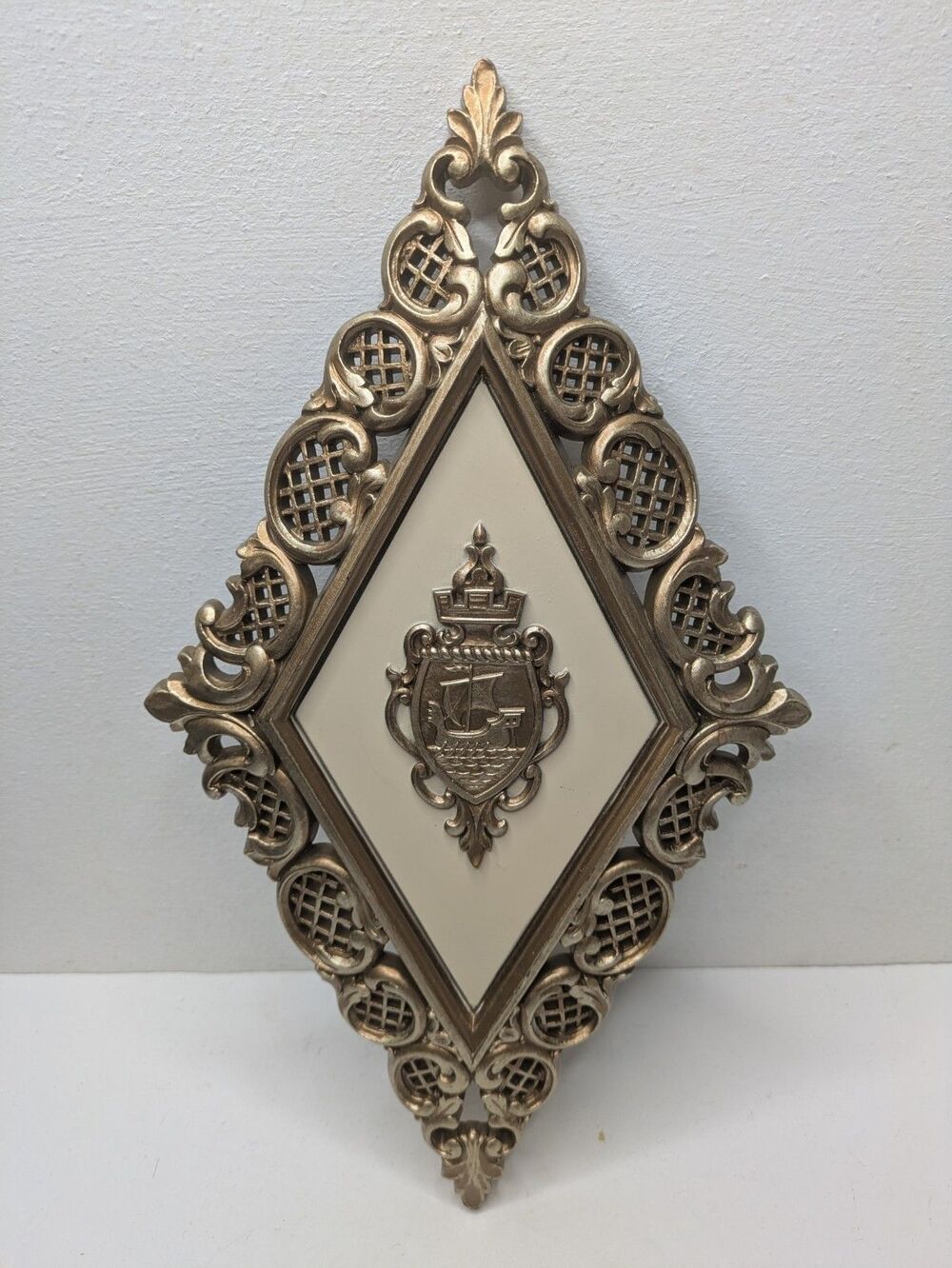 Homco Syroco Viking Ship Gold Diamond Shape Wall Decor Plaque USA MCM Vintage